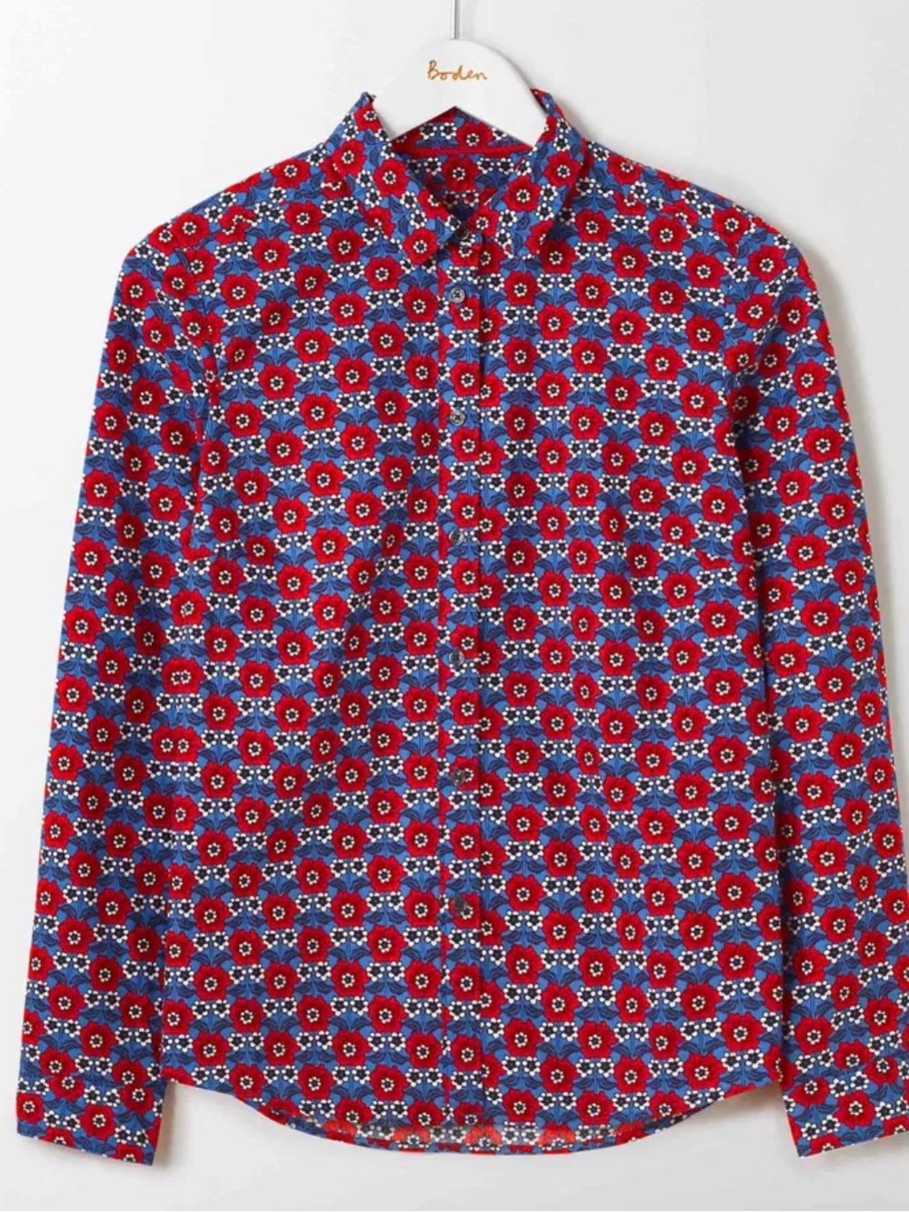 Boden Classic Shirt – Red & Blue Floral Print, 100% Cotton